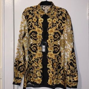 Versace Shirts - Versace Gold Hibiscus Print Long Sleeve Shirt Versace Shirts - Versace Gold Hibiscus Print Long Sleeve Shirt